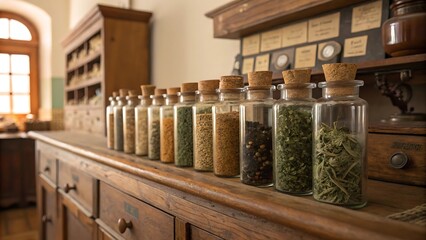 Assortment of Dried Herbs and Spices in Vintage Glass Jars