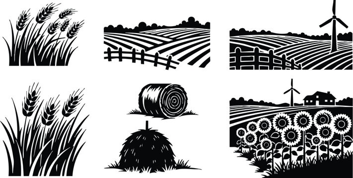 Silhouette farm landscape set showing close up wheat stalks hay bale sunflowers rolling fields fenced farmland wind turbine distant house aerial view bold vector art minimalist