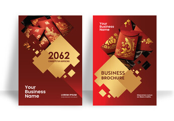 
Chinese New Year Corporate Business Flyer and Brochure Template with Red and Gold Geometric Design