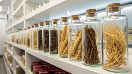 Assortment of Dried Medicinal Roots in Glass Bottles