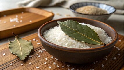 Bowl of White Rice With a Bay Leaf on Wooden Surface