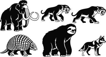 Fototapeta premium Tattoo flash set of prehistoric and modern mammals including woolly mammoth saber tooth cats armadillo sloth and wolf in bold black silhouette with white line details
