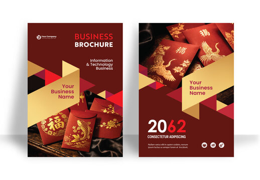 Chinese New Year Corporate Business Flyer and Brochure Template with Red and Gold Geometric Design