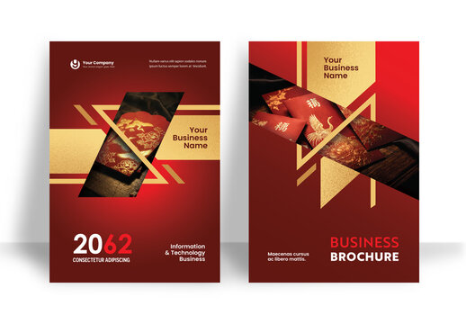 Chinese New Year Corporate Business Flyer and Brochure Template with Red and Gold Geometric Design
