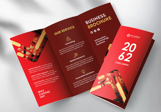 Chinese New Year Corporate Trifold Brochure Template with Red and Gold Geometric Design