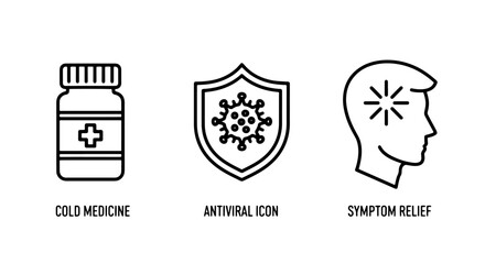 Cold medicine bottle, antiviral shield with virus, and head with symptom relief icons for illness treatment