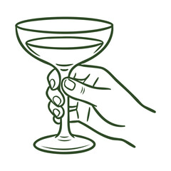 Hand Holding Vintage Coupe Cocktail Glass Line Art Vector Icon