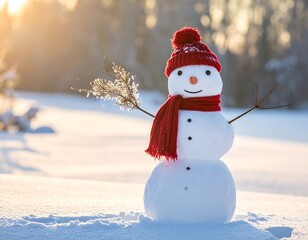 Obraz premium A snowman wearing a red hat and scarf stands in a snowy landscape