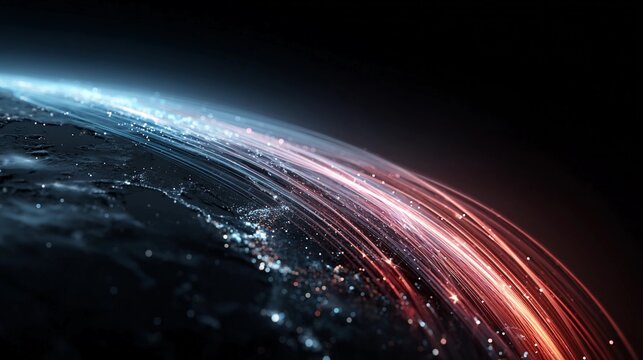 Light trails over Earth show city lights and movement at night in a space view of the planet