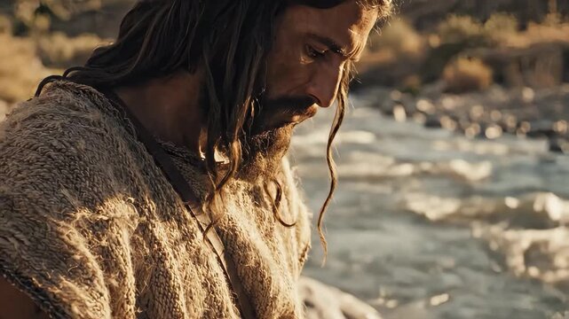 Portrait of John the Baptist, man with long hair and beard, standing by sunlit river. John the Baptist expresses deep spiritual reflection, embodying pensive historical moment.