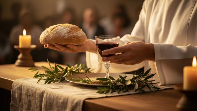 Person offering bread and wine for Holy Communion or Eucharist in church. Religious ceremony for Christian faith and spirituality.