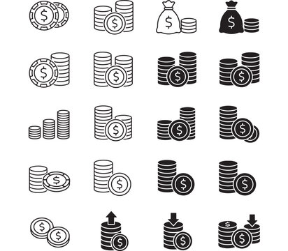 Set of outline and solid icon graphics representing money, coins, and bags of cash, conveying financial concepts like savings, investment, and growth.