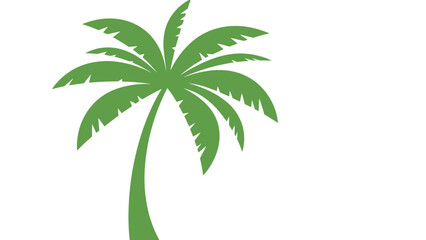 Simple green silhouette of a tropical palm tree with many fronds on a plain white background for minimalist design projects.