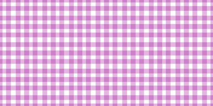 Seamless purple gingham pattern background. Classic checkered plaid fabric texture for picnic blankets, tablecloths, or fashion textiles. Simple violet and white square geometric  illustration.