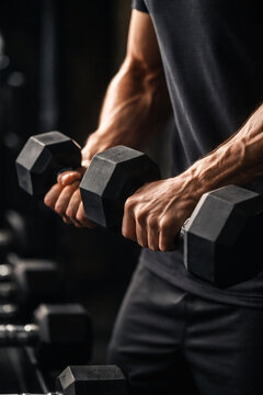 Close-up of a muscular man's arms performing bicep curls with dumbbells in a gym setting.