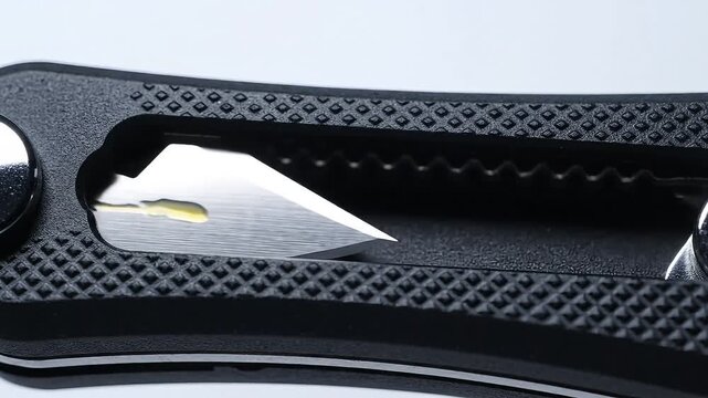 A close-up view of a pocket knife with a textured handle and sharp blade, showcasing its detailed design and metallic surface.