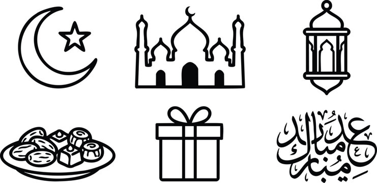 Flat design ramadan and eid icon set with crescent moon mosque lantern dates plate gift box arabic calligraphy in simple black line art vector minimalist style