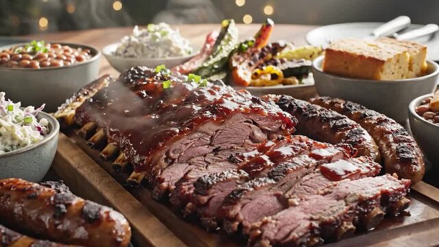 Delicious barbecue feast with ribs, sausages, beans, coleslaw, and cornbread