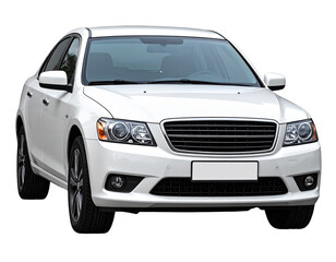 Naklejka premium Sleek white sedan with a chrome grille and tinted windows on a black background