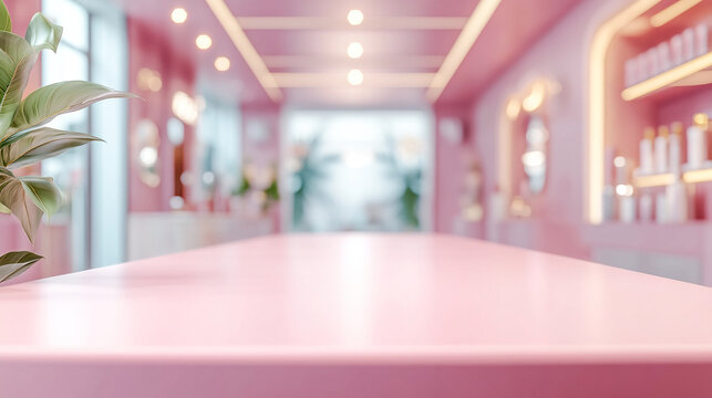 Pink tabletop against blurred interior background. Countertop in a beauty salon for product presentation. Blank platform mockup for cream and other cosmetics