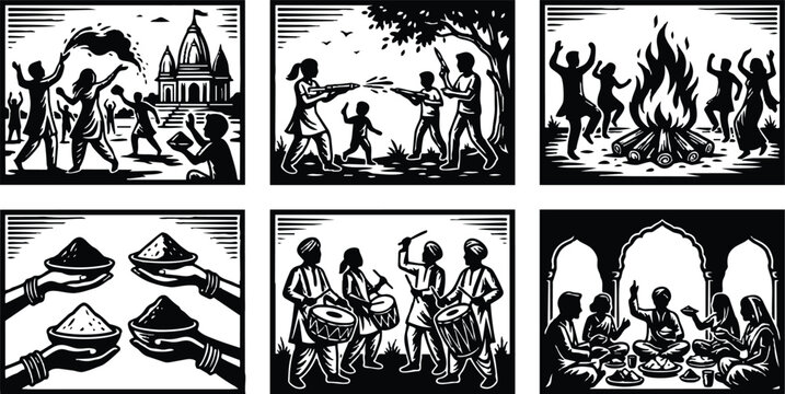 Woodcut style series of festival vignettes showing people throwing color playing drums bonfire ritual offering food and communal meal celebrating holi in rural setting vibrant joyful