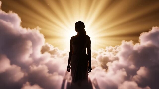 Woman Standing in Clouds with Sunlight.