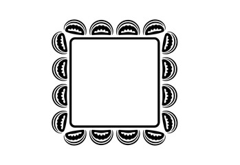 Doodle hand-drawn border illustration with fresh fruits like watermelon, pineapple, banana, and strawberries, apple on a white background.
