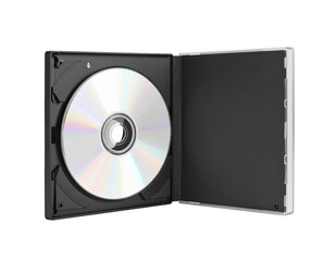 Open black case with shiny disc, ready for storage or playback
