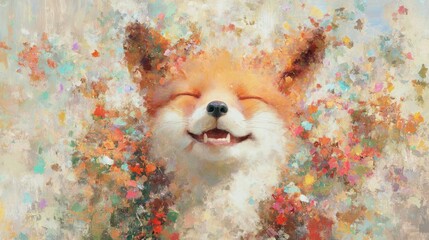Fototapeta premium Cute fox smiling among colorful flowers in a bright setting
