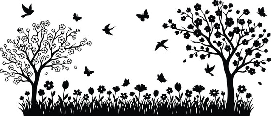 Obraz premium Silhouette vector spring landscape with two blooming trees and meadow of flowers flying birds and butterflies side view black and white minimal delicate blossoms graceful