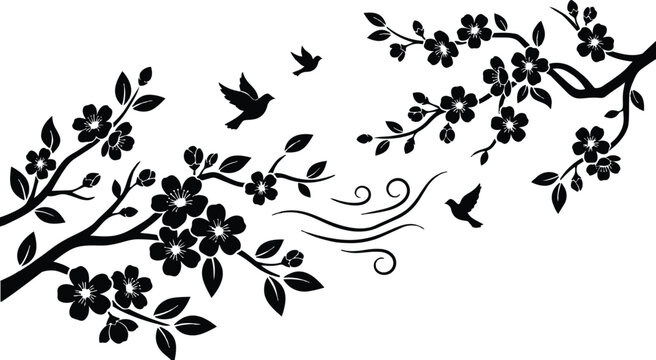 Silhouette floral vector branches with cherry blossoms and flying birds left to right ornamental composition elegant spring breeze design black ink style close up corner arrangement