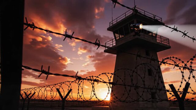 A prison watchtower illuminated against a dramatic sunset.