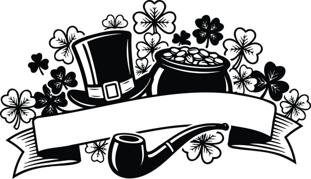 Tattoo flash leprechaun hat and smoking pipe with pot of gold and shamrock wreath banner showing blank ribbon space for saint patricks day black line art