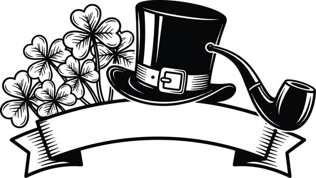 Tattoo flash leprechaun hat with curved smoking pipe and cluster of shamrock leaves above decorative banner for st patricks day facing left closeup