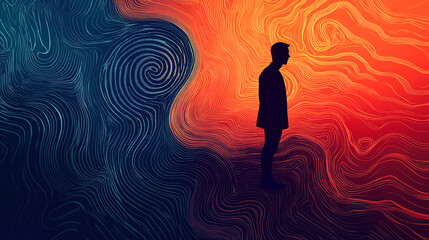 Psychology, psychiatry and mental health. Vector philosophic line illustration of man, searching for the meaning of life, labyrinth, fingerprint and life path for poster, magazine cover and background