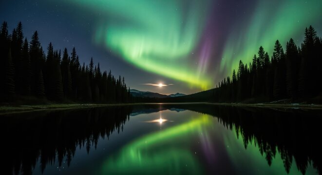 Spectacular Aurora Borealis Reflections over Tranquil Lakeside Forest Scene