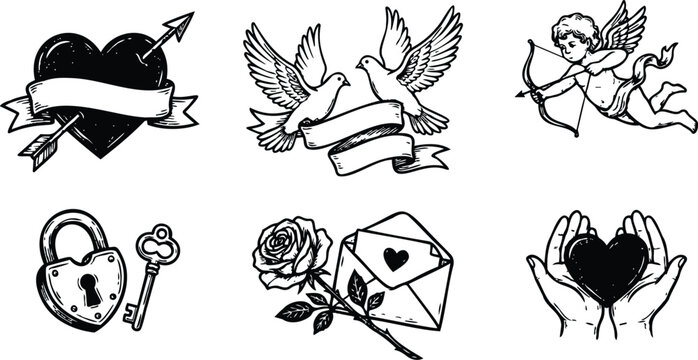 Vintage tattoo flash love icons set close up heart arrow dove cupid aiming bow lock and key rose envelope hands holding heart black ink vector art