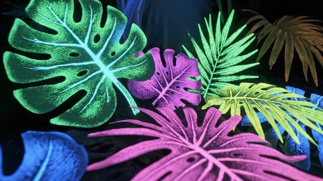 Vibrant tropical leaves in emerald, cobalt, and magenta layer into a lush, exotic canopy with color