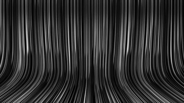 4K Abstract background of vertical silver lines moving downward and curving on black studio stage floor