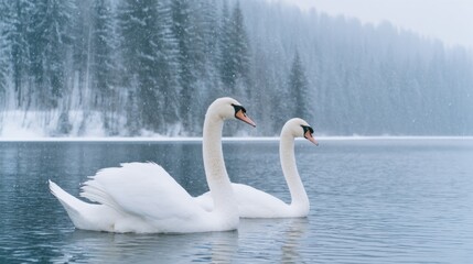 Fototapeta premium Two swans are swimming in a lake