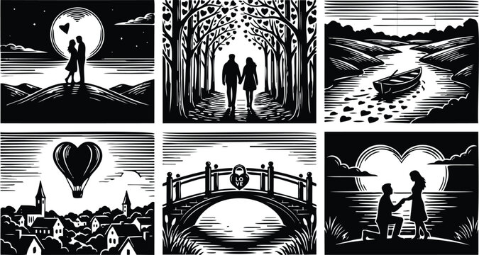 Woodcut style six panel montage of silhouetted couples walking holding hands kissing and proposing by bridge boat moon and village under heart shaped sky evening romantic