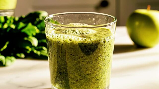 Close up slow motion shot of vibrant green healthy detox smoothie being poured into a clear drinking glass on a kitchen counter with fresh ingredients in the background