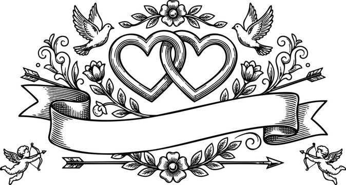 Victorian engraving vector banner with interlocking hearts and doves cupids floral ornament centered blank ribbon space ornate romantic wedding emblem hand drawn black line art vintage