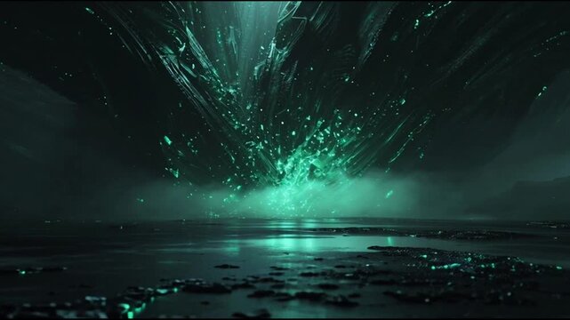 A futuristic video background with a green explosion on a dark wet beach at night.