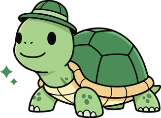 A cute cartoon turtle wearing a green hat and smiling, depicted in a colorful digital illustration. Perfect for children's books, educational materials, and cute animal illustrations.