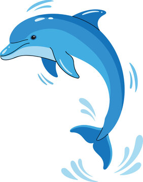 A cute cartoon dolphin jumping out of the water with splashes around it, depicted in a playful blue color on a white background. Perfect for children's books, educational materials, and