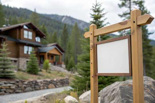 Rustic Wooden Real Estate Sign Mockup on Cozy Cottage Style House For Sale By Owner Board Template