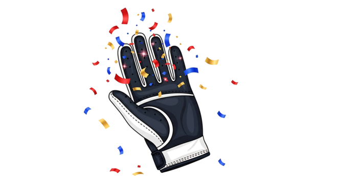 Vector Illustration of Black American Football Glove Waving Hand with Confetti - Sports Victory and Celebration Concept isolated on transparent background - Powered by Adobe