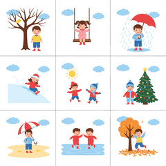 Fototapeta premium Children seasons activities cartoon vector set showing spring, summer, autumn and winter outdoor scenes