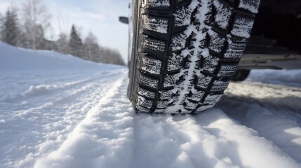 Snow-covered Road With Tire Tracks Showing Winter Driving Conditions in a Serene Landscape